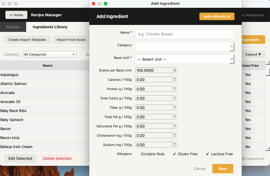 Add Ingredient dialog