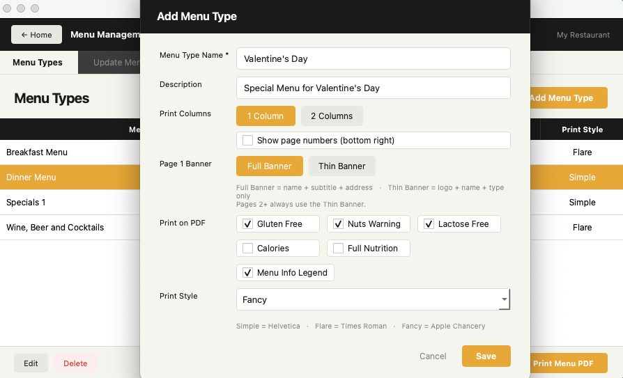 Add Menu Type dialog