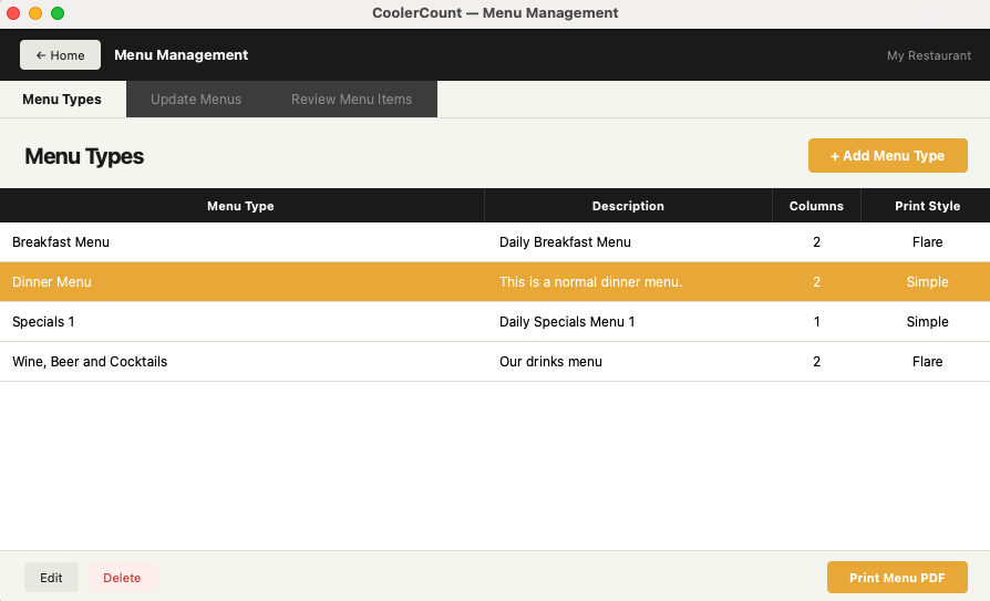 Menu Types tab