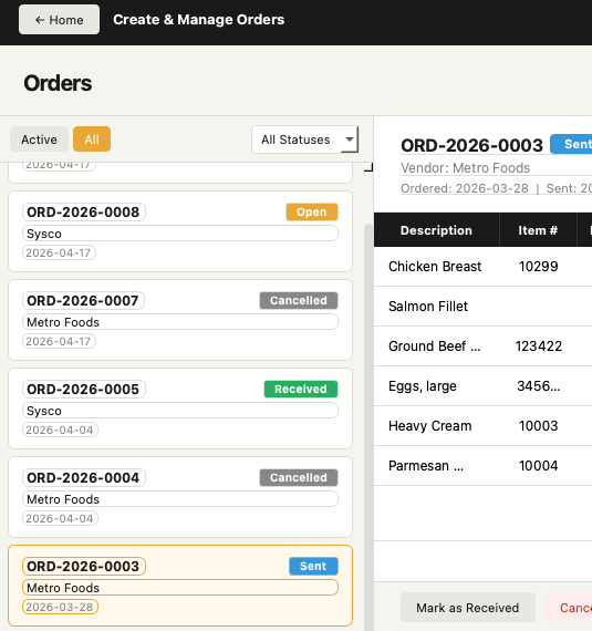 Orders list all statuses