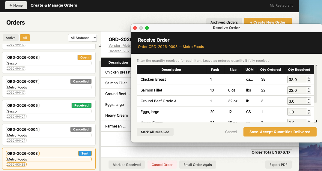 Receive Order dialog